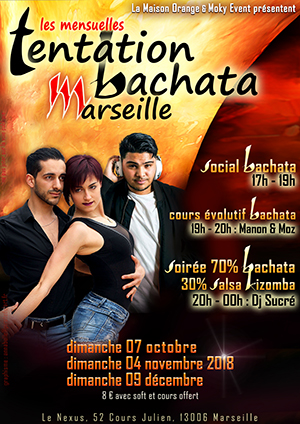 flyer Tentation Bachata Marseille, soirée bachata mensuelle de la Maison Orange & Moki Events